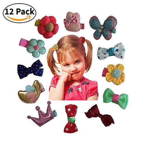 Hair Clips Barrettes Assorted Ribbon Bows Style C Series - 12 pcs of Uniquely Designed For Baby, Toddler, and Young Girls