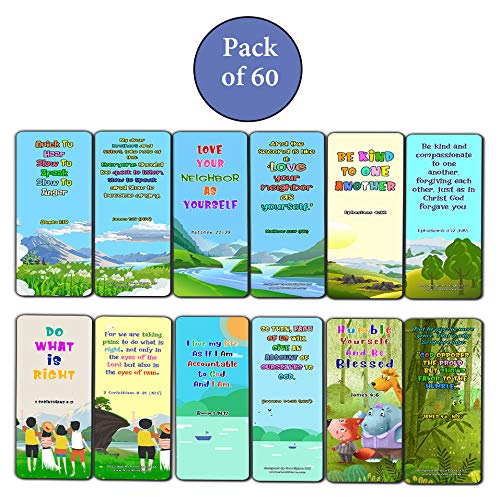 Bible Bookmarks for Kids - Cultivate Good Character (60 Pack) - Perfect Gift away for Sunday School and Ministries - Reverence Bible Texts VBS Sunday School Easter Baptism