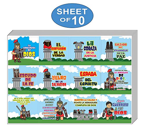 Spanish Armor of God Stickers (10-Sheet) - Stocking Stuffers for Boys Girls - Children Ministry Bible Study Church Supplies Teacher Classroom Incentives Gift