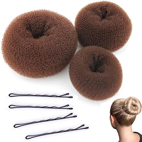 New8Beauty Hair Bun Maker - Brown (3-Pack) -Multiple Sizes (Large Medium Small) - FREE 4 Hair Pins