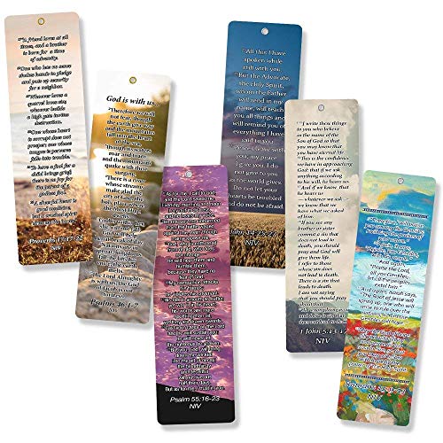 Christian Bookmarks Cards with Popular Inspirational Bible Verses - 6 Unique Designs (Pack of 12)