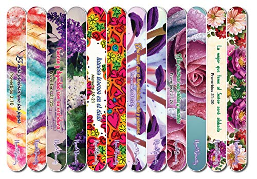 Spanish Christian Emery Board - Virtuous Woman (24-Pack) -150/150 Grit Colorful Nail File - Nail Spa Party Favors Supplies - Best Stocking Stuffers Gift for Girls Women Kids Mom Girlfriend -