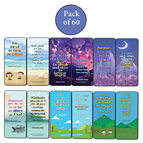 Bible Bookmarks for kids - Character Building Series 1 (60 Pack) - Perfect Gift away for Sunday School and Ministries - Church Memory Verse Sunday School Rewards Bulk Pack