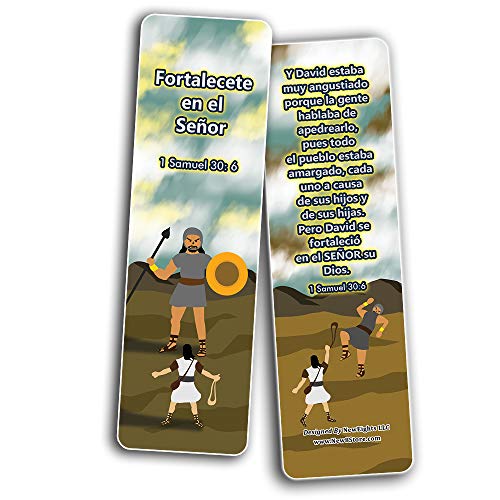 Spanish David and Goliath Religious Bible Bookmarks Cards (60-Pack) - Church Memory Verse Sunday School Rewards - Christian Stocking Stuffers Birthday Party Favors Assorted Bulk Pack