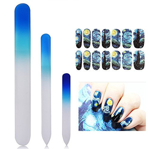 New8Beauty Crystal Glass Nail Files Manicure Pedicure Set (3-pack) - with FREE Van Gogh Starry Nights decoration nail stickers