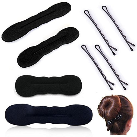 New8Beauty Hair Bun Maker (4-Pack) - FREE Hair Pins - Magic Beauty Hair Hairstyle Foam Sponge Donut Maker Ponytail Bun Twister Tie Black - Hair accessories for Ballet Dance Skating Gymnastics Wedding