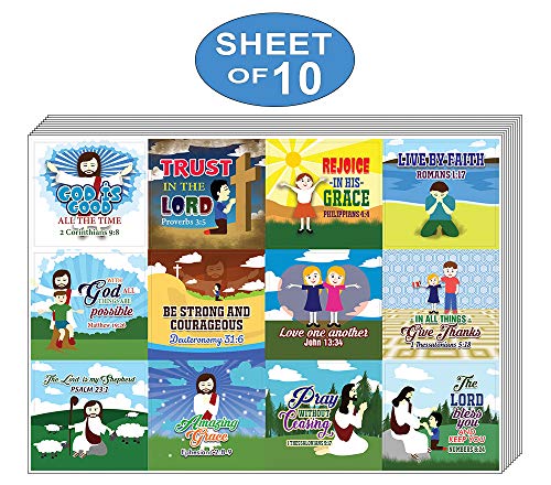 Cute Bible Verses Stickers for Kids (16 Round Shape) (10 Sheets) - Assorted Mega Pack of Inspirational Stickers