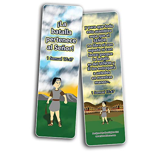 Spanish David and Goliath Religious Bible Bookmarks Cards (60-Pack) - Church Memory Verse Sunday School Rewards - Christian Stocking Stuffers Birthday Party Favors Assorted Bulk Pack