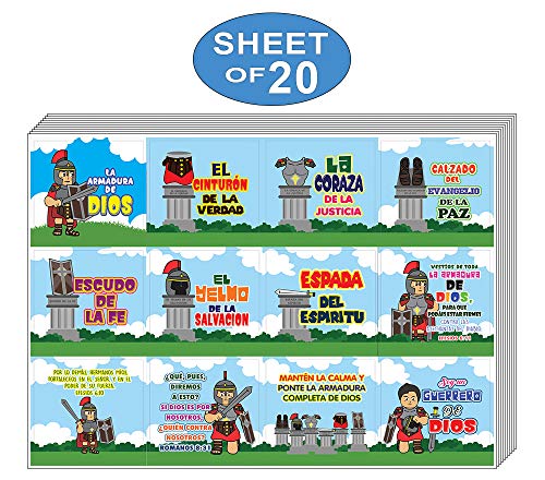 Spanish Armor of God Stickers (20-Sheet) - Church Memory Verse Sunday School Rewards - Christian Stocking Stuffers Birthday Party Favors Assorted Bulk Pack