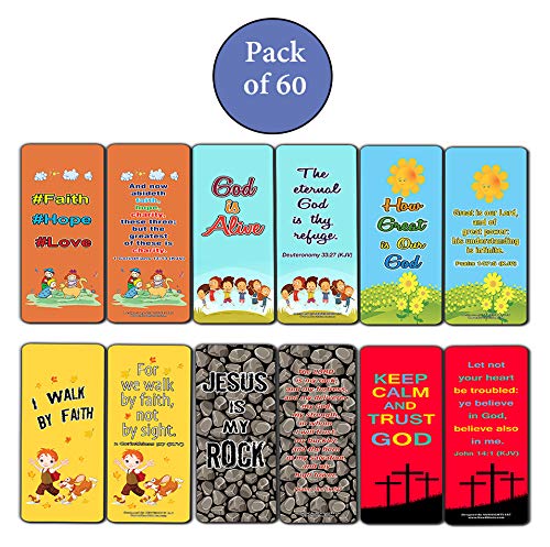 Kids Christian Bookmarks (60-Pack) - Bulk Bible Verses Bookmarker For Boys and Girls - Stocking Stuffers for Easter Birthday Homeschooling Sunday School Thanksgiving Christmas