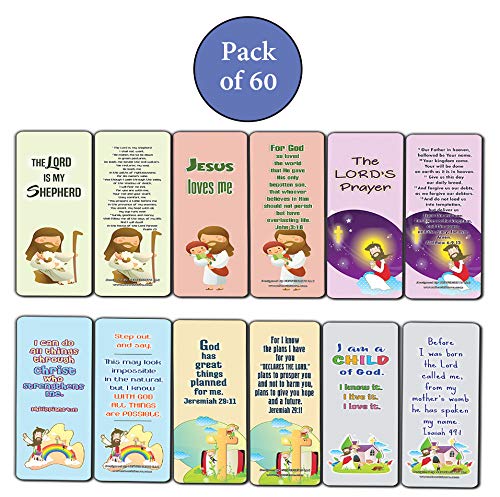 Christian Bookmarks Cards for Kids (60-Pack) - Scripture Bible Verses - Psalm 23 - Great Stocking Stuffers for Easter Baptism Thanksgiving Christmas Sunday School - Prayer Cards - War Room Decor