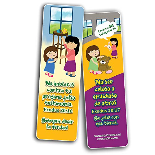 Spanish 10 Commandments Bookmarks Cards (60-Pack) - Church Memory Verse Sunday School Rewards - Christian Stocking Stuffers Birthday Party Favors Assorted Bulk Pack