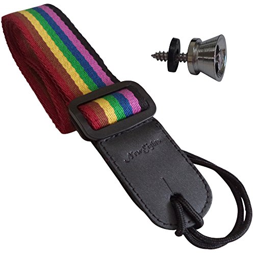Ukulele Strap Pure Cotton Rainbow Colorful Strap with Leather End - FREE Uke Strap Button and eBook - Length: 49in - Best Gift For Boys Girls Adults and Kids