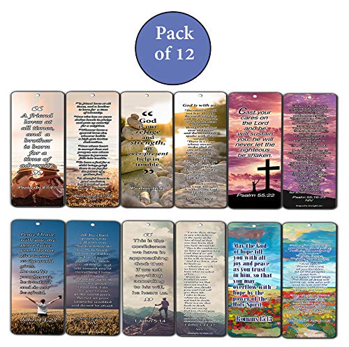 Christian Bookmarks Cards with Popular Inspirational Bible Verses - 6 Unique Designs (Pack of 12)