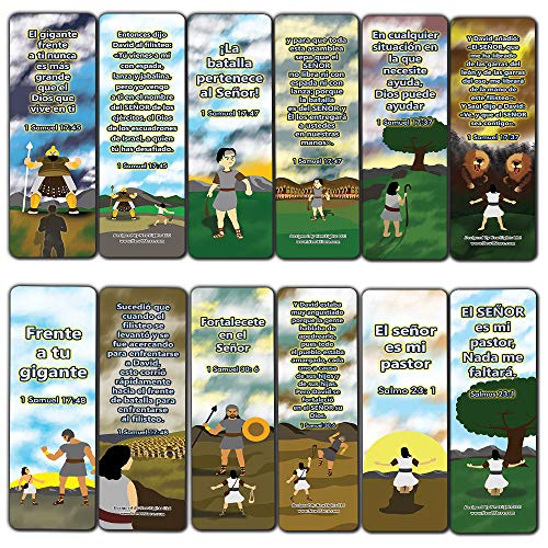 Spanish David and Goliath Religious Bible Bookmarks Cards (60-Pack) - Church Memory Verse Sunday School Rewards - Christian Stocking Stuffers Birthday Party Favors Assorted Bulk Pack