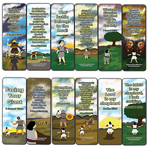 David and Goliath Religious Bible Bookmarks Cards (60-Pack) - Church Memory Verse Sunday School Rewards - Christian Stocking Stuffers Birthday Party Favors Assorted Bulk Pack