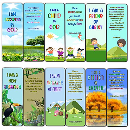 Christian Bookmarks for Kids - Identity in Christ (60 Pack) - Perfect Gift away for Sunday School and Ministries - VBS Sunday School Easter Baptism Thanksgiving Christmas Rewards Encouragement