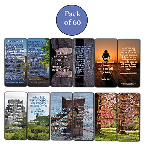 Religious Bookmarks Cards (60 Pack) - Encouraging Gift Psalm 91 Isaiah 41 Ephesian 6 Be Strong Bible Verses - Stocking Stuffers for Men Women Soldiers Army Husband Evangelism Mission Church Supplies