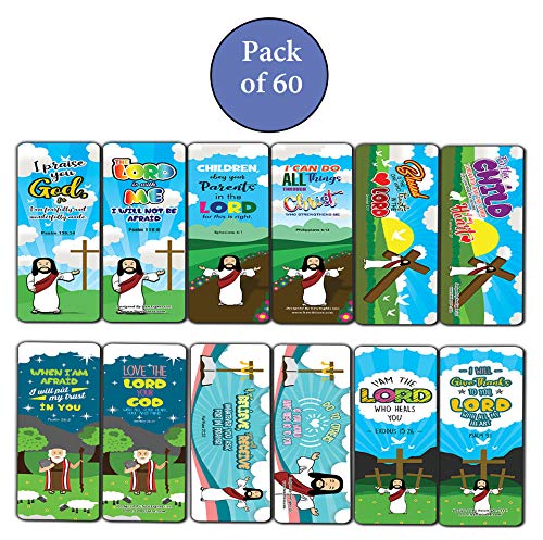 Bible Scriptures Bookmarks Cards for Kids Boys Girls (60-Pack) - Church Memory Verse Sunday School Rewards - Christian Stocking Stuffers Birthday Party Favors Assorted Bulk Pack