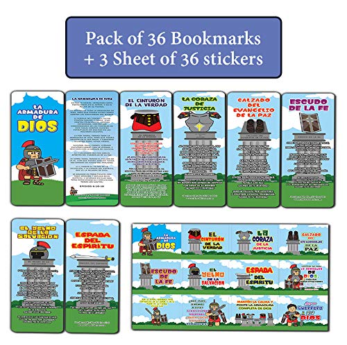 Spanish Armor of God Bookmarks (36-Pack) and Stickers for Kids (3-Sheet) - Stocking Stuffers for Boys Girls - Children Ministry Bible Study Church Supplies Teacher Classroom Incentives Gift