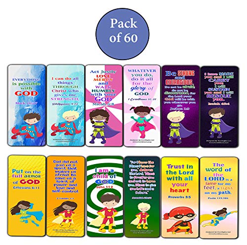 Religious Bookmarks for Kids - Super Hero (60 Pack) - Perfect Gift away for Sunday School and Ministries - Church Memory Verse Sunday School Rewards - Christian Stocking Stuffers Birthday Bulk Pack