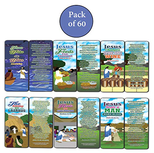 Miracles of Jesus Bible Bookmarks Cards (60-Pack) - Church Memory Verse Sunday School Rewards - Christian Stocking Stuffers Birthday Party Favors Assorted Bulk Pack