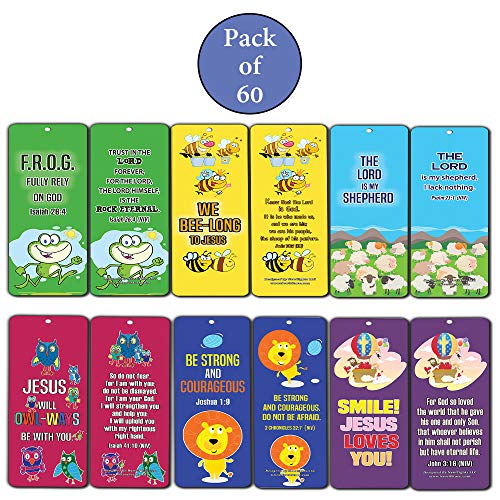 Bookmarks for Kids Children (60 Pack)- Animal Religious NIV Bible Cards - Lion Bee Frog Owl Sheep - John 3:16 Christian Gifts Wall Room Decor Homeschooling Scrapbooking Journal Art Craft