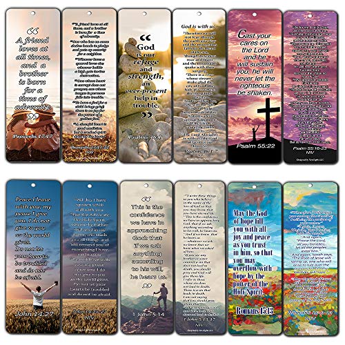 Christian Bookmarks Cards with Popular Inspirational Bible Verses - 6 Unique Designs (Pack of 12)
