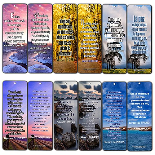 Spanish Christian Bible Verses Bookmarks - Release Stress and Anxiety (12-Pack)- Religious Christian Inspirational Gifts to Encourage Men Women Boys Girls - Bible Study Sunday School War Room Decor