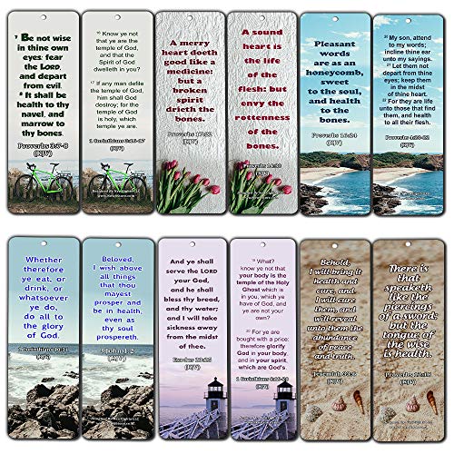 KJV Religious Bookmarks - Bible Verses About Health (12 Pack) - Collection of Bible Verses On How To Achieve Optimum Health