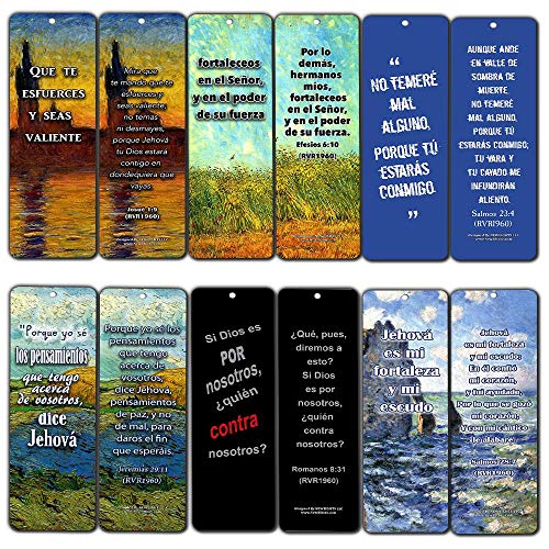 Spanish Religious Bookmarks Cards - Be Strong (12-Pack) RVR 1960 - Marcador de Libros Cristianos Para Hombres Mujeres - Bible Scripture Prayer Cards - War Room D‚cor for Adults Men Women Teens Kids