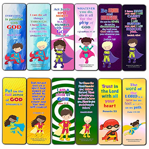 Religious Bookmarks for Kids - Super Hero (60 Pack) - Perfect Gift away for Sunday School and Ministries - Church Memory Verse Sunday School Rewards - Christian Stocking Stuffers Birthday Bulk Pack