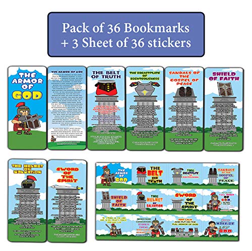 Armor of God Bookmarks (36-Pack) and 36 Stickers (3-Sheet) for Kids - Stocking Stuffers for Boys Girls - Children Ministry Bible Study Church Supplies Teacher Classroom Incentives Gift