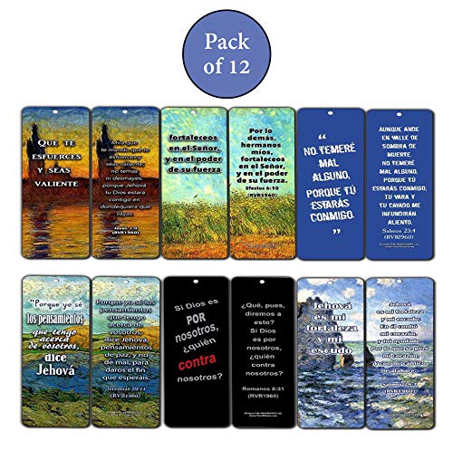 Spanish Religious Bookmarks Cards - Be Strong (12-Pack) RVR 1960 - Marcador de Libros Cristianos Para Hombres Mujeres - Bible Scripture Prayer Cards - War Room D‚cor for Adults Men Women Teens Kids