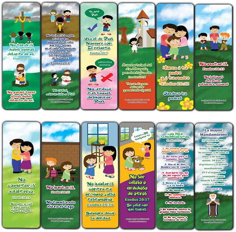 Spanish 10 Commandments Bookmarks Cards (60-Pack) - Church Memory Verse Sunday School Rewards - Christian Stocking Stuffers Birthday Party Favors Assorted Bulk Pack
