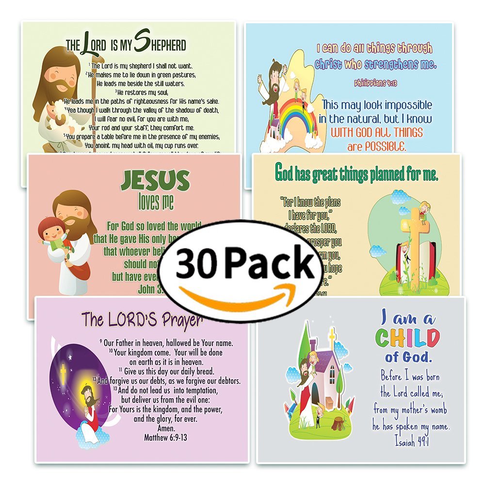 NewEights Christian Postcards for Kids Boys Girls (30-Pack) - Scripture Bible Verses - Psalm 23 - Great Stocking Stuffers for Easter Baptism Thanksgiving Christmas Sunday School - Prayer Cards