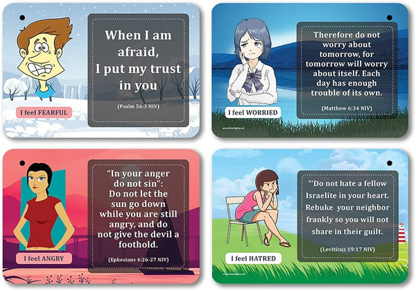 NewEights Bible Emotions Fun Facts Learning Cards (3 Set x 12 Cards) - Church Stocking Stuffers Gifts for Church Members, Adults, Teens, Kids