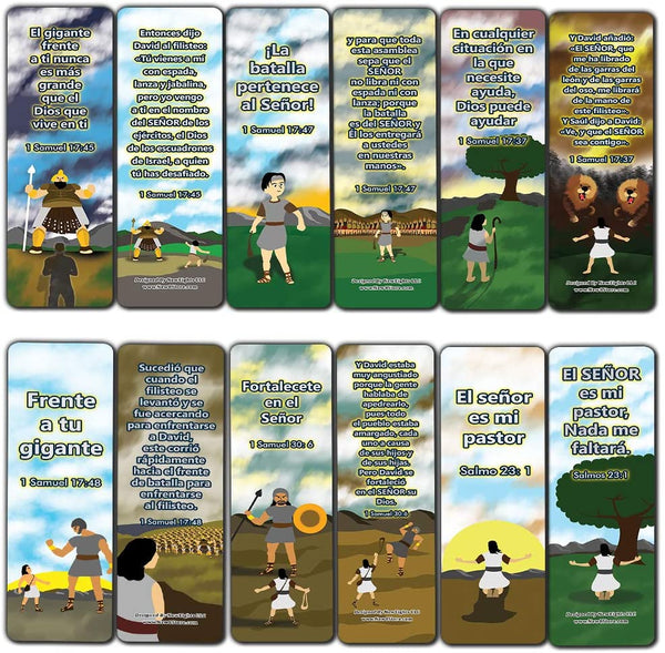 Spanish David and Goliath Religious Bible Bookmarks Cards (60-Pack) - Church Memory Verse Sunday School Rewards - Christian Stocking Stuffers Birthday Party Favors Assorted Bulk Pack