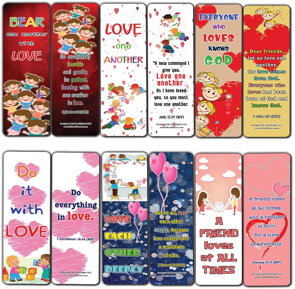Love One Another Bible Verses Bookmarks for Kids (60-Pack) - Perfect Giveaways for Sunday School, VBS and Children's Ministry