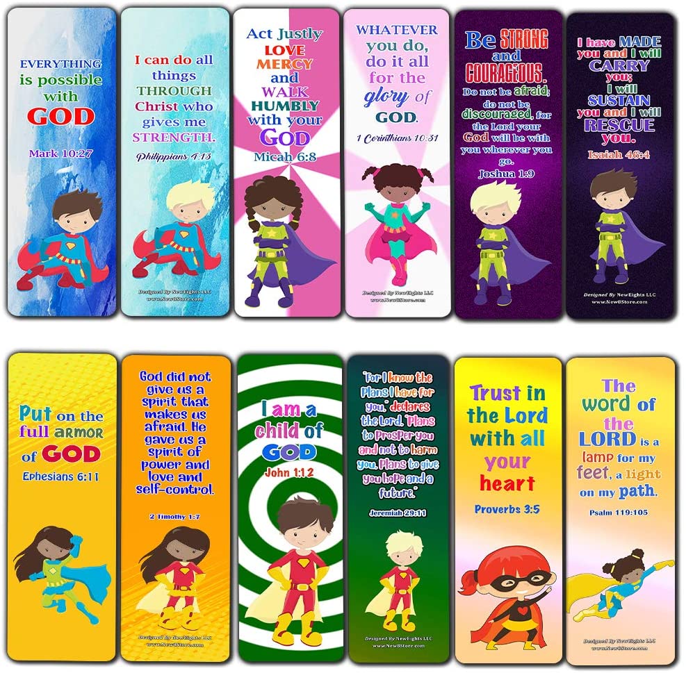Religious Bookmarks for Kids - Super Hero (30 Pack) - Well Designed Hero Bookmarks for Kids with Easy To Memorize Bible Verses - VBS Sunday School Easter Baptism Thanksgiving Christmas Rewards