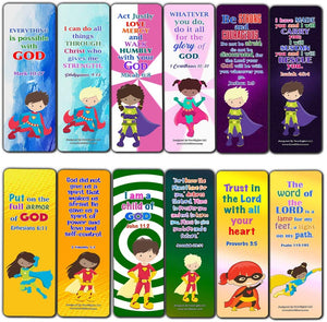 Religious Bookmarks for Kids - Super Hero (60 Pack) - Perfect Gift away for Sunday School and Ministries - Church Memory Verse Sunday School Rewards - Christian Stocking Stuffers Birthday Bulk Pack