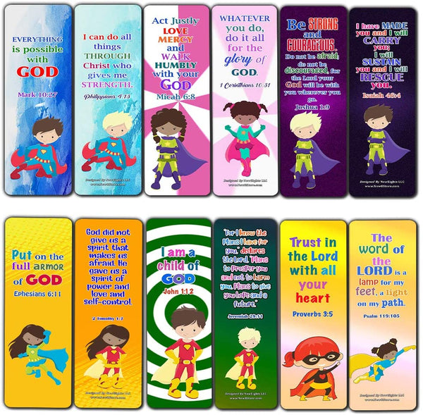Religious Bookmarks for Kids - Super Hero (60 Pack) - Perfect Gift away for Sunday School and Ministries - Church Memory Verse Sunday School Rewards - Christian Stocking Stuffers Birthday Bulk Pack