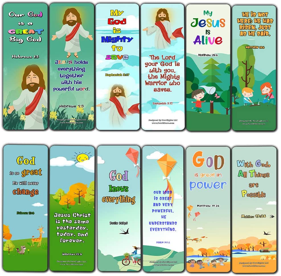 Bible Bookmarks for Kids - God is Great (60 Pack) - Perfect Gift away for Sunday School and Ministries - VBS Sunday School Easter Baptism Thanksgiving Christmas Rewards Encouragement Motivational Gift