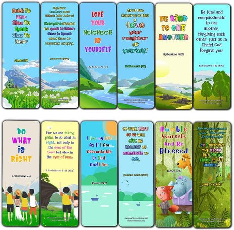 Bible Bookmarks for Kids - Cultivate Good Character (60 Pack) - Perfect Gift away for Sunday School and Ministries - Reverence Bible Texts VBS Sunday School Easter Baptism