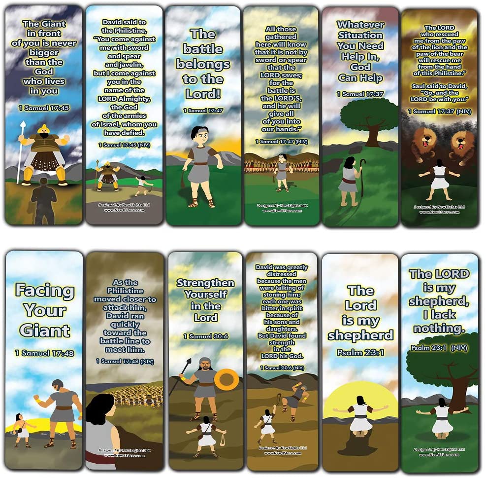 David and Goliath Religious Bible Bookmarks Cards (60-Pack) - Church Memory Verse Sunday School Rewards - Christian Stocking Stuffers Birthday Party Favors Assorted Bulk Pack