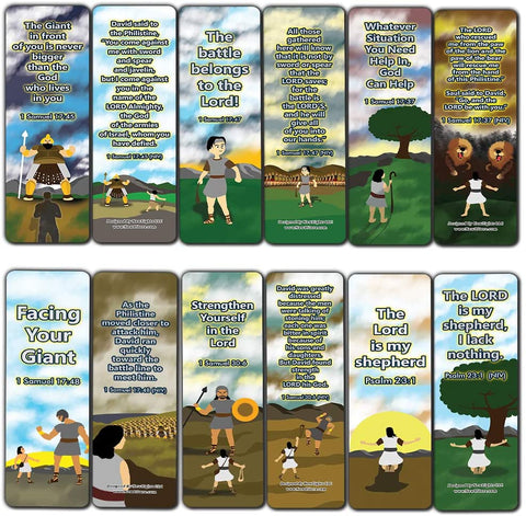 David and Goliath Religious Bible Bookmarks Cards (60-Pack) - Church Memory Verse Sunday School Rewards - Christian Stocking Stuffers Birthday Party Favors Assorted Bulk Pack
