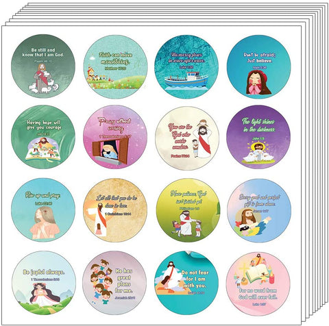 Religious Stickers for Kids (16 Round Shape) (10 Sheets) - Assorted Mega Pack of Inspirational Stickers For Young Children