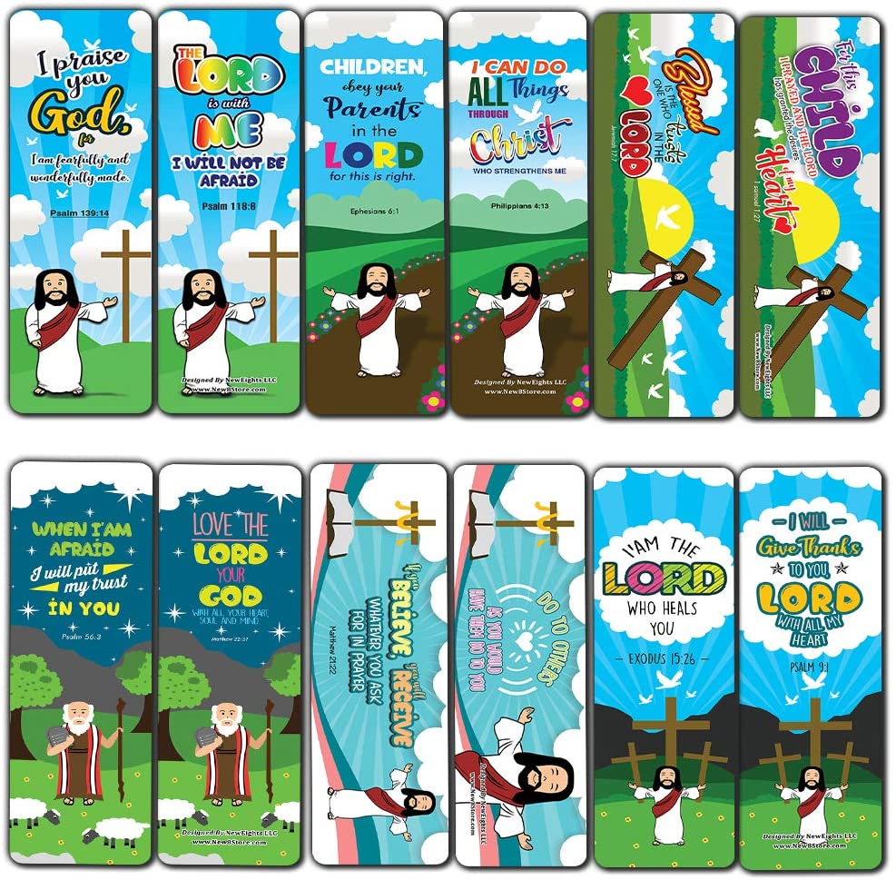 Bible Scriptures Bookmarks Cards for Kids Boys Girls (60-Pack) - Church Memory Verse Sunday School Rewards - Christian Stocking Stuffers Birthday Party Favors Assorted Bulk Pack
