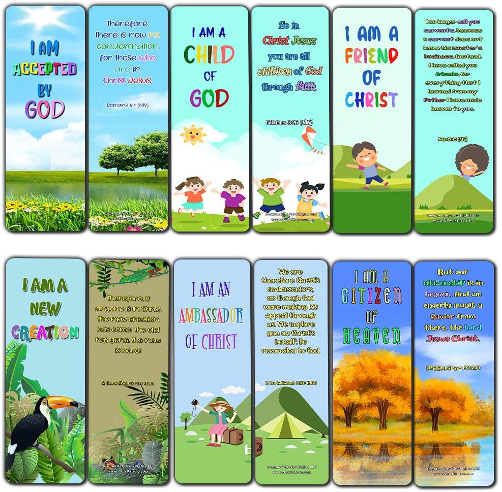 Christian Bookmarks for Kids - Identity in Christ (60 Pack) - Perfect Gift away for Sunday School and Ministries - VBS Sunday School Easter Baptism Thanksgiving Christmas Rewards Encouragement