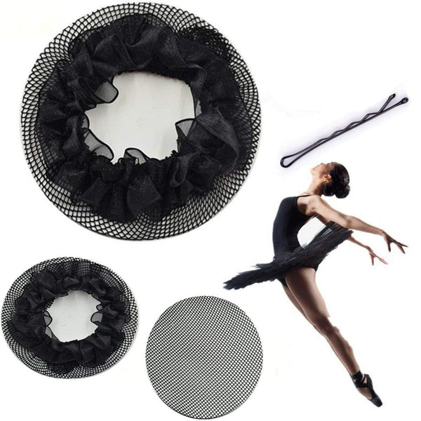 New8Beauty Bun Hair Nets Black (3-Pack) - FREE Hair Pins - Hair Accessories for Ballet Bun Cover Dance Skating Gymnastics Performance Drama Wedding